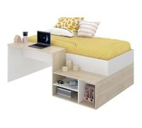Lit combiné enfant KRIC - Chêne naturel et blanc - Bureau et rangement - 90x190 cm