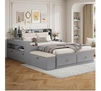 Lit combiné massif gris 140x200cm tête rangement tiroirs table nuit armoire banquette