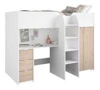 Lit combiné mezzanine enfant - TOM - Blanc et chêne - Armoire, bureau et sommier inclus