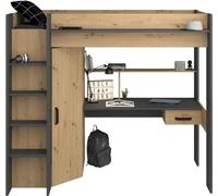 Lit combiné mezzanine enfant PARISOT HIGH - Chene et gris - Sommier inclus - 90 x 200 cm