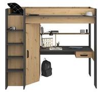 Lit enfant Parisot Lit combiné mezzanine enfant HIGH Chene et Sommier inclus 90 200 cm Gris