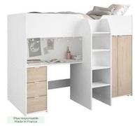 Lit combiné mezzanine enfant TOM et chene Armoire bureau et sommier inclus Multicol