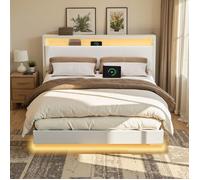 Lit complet 140,1 x 190,1 cm, Cadre Flottant avec Éclairage LED, Tête Haute, Multiprise, Pas de matelas, Blanc et Noir