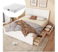 Lit complet 140x200 cm - blanc et chene clair - avec matelas, sommier a lattes, 2 tiroirs
