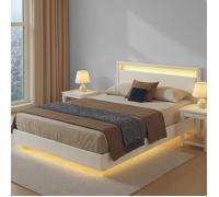 Lit complet, 160,1 x 200,1 cm, Effet Flottant, avec Éclairage LED, Tête de Lit Haute, Multiprise, Style Moderne, Blanc et Noir