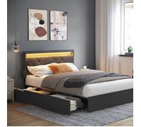 Lit Complet Double, 140 x 190 cm, avec LED, 4 Tiroirs, Multiprise, Tête de Lit Ajustable, Pas Besoin de Sommier, Gris et Noir