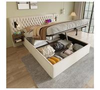 Lit complet pour chambre à coucher - Rembourré - Hydraulique - Lit double - 180 x 200 cm - Avec 2 tables de chevet, lampe de lecture avec fonction de charge USB - 261 x 210 x 105 cm - Beige - Velours
