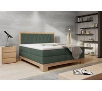 Lit continental pour la chambre à coucher Lit boxspring scandinave 160x200cm en chêne clair-design moderne avec matelas ergonomique et surmatelas en mousse froide couleur verte