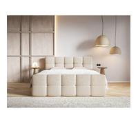 Lit continental - SELSEY - CLOUDY - 160x200 cm - bouclette beige clair - matelas Bonell + topper 5 cm