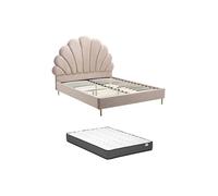 Lit coquillage 160 x 200 cm - Velours - Beige + Matelas - LIVAYA