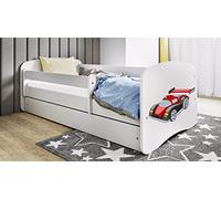 Lit d’Enfant Complet 70x140 80x160 80x180 sommier tiroir barrierèrespour Filles garçons lit Simple - Blanc - Voiture de Course - 80 x 160 cm