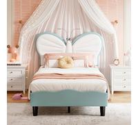 Lit d'appoint rembourré 90 x 200 cm pour enfant, lit simple avec lampe de lecture, lit pour adolescents avec tête de lit réglable en hauteur et sommier à lattes, sans matelas (Bleu+blanc, 90 x 200 cm)