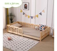 Lit de camp avec protection contre les chutes et grille | 90 x 200 cm | naturel | bois de pin massif