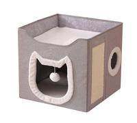 Lit de chat - chenil de chien de 2 couches pour le confort, refuge pliable avec plaquette à gratter et balle de jeu, abri de chat pour animaux de compagnie, salon, chambre, appartement, 15,75x15.75x14