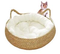 Lit de chat tissé, 17 pouces de paniers de chat tissés paille lit avec coussin doux, lits de chat ronds à l'épreuve des rayures pour chats intérieurs, lit de chaton confortable pour chats de petits c