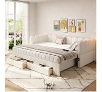 Lit de Jour 90/180x200 cm avec 2 tiroirs, canapé-lit avec ports USB/Type-C, lit d'appoint avec sommier à lattes,béige(sans Matelas)