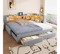 Lit de jour 90x200 avec Rangement et lit gigogne, Extensible Lit 180x200 | 3 en 1 Canapé Lit avec Sommier à Lattes, Lit d'appoint 1 Personne avec LED Multicolore et Prise, 2 Tiroirs