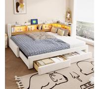 Lit de jour 90x200 avec Rangement et lit gigogne, Extensible Lit 180x200 | 3 en 1 Canapé Lit avec Sommier à Lattes, Lit d'appoint 1 Personne avec LED Multicolore et Prise, 2 Tiroirs