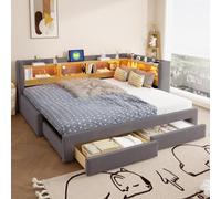 Lit de jour 90x200 avec Rangement et lit gigogne, Extensible Lit 180x200 | 3 en 1 Canapé Lit avec Sommier à Lattes, Lit d'appoint 1 Personne avec LED Multicolore et Prise, 2 Tiroirs