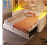 Lit de jour divan-lit 90-180×200cm conception multifonctionnelle avec barre lumineuse LED sommier lattes sans matelas velours beige