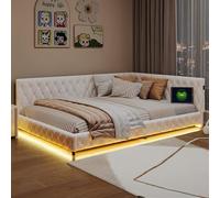 Lit de jour, rembourré, 140 x 200 cm, avec LED et USB, beige, avec sommier à lattes, en polaire teddy - Lit simple - Canapé-lit, sans matelas (beige Teddy)