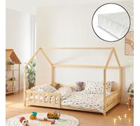 Lit de maison 'Hesel' pour enfants avec matelas, protection contre les chutes, sommier à lattes 120 x 200 cm, aspect bois
