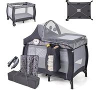 CostwayLit de Voyage Bébé 3-en-1 Parc Pliable Portable avec Table à Langer Baldaquin et Moustiquaire Boîte à Musique Parois Latérales Aérées Gris