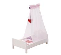 Lit De Poupée En Bois Fienchen - Roba - Blanc Avec Ciel De Lit + Couverture Et Oreiller Roses
