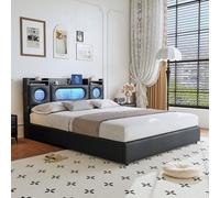 Lit de rangement 140 x 200 cm avec ports LED et USB, Lit Double avec Rembourré Stockage Hydraulique,Multifonctionnel Tête de lit Réglable, Base à Lattes, Facile à Monter, PU, Noir(Matelas non inclus)