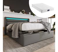 Lit de rangement hydraulique avec barre d'éclairage LED, lit double rembourré, 140 x 200 cm, lit fonctionnel, gris (avec matelas)