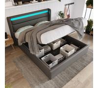 Lit de rangement hydraulique éclairé par LED, Cadre de lit double, Avec télécommande, 140x200 cm, Gris
