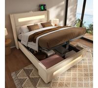 Lit de rangement hydraulique, rembourré, lit simple 90 x 200 cm, avec LED, espace de rangement et recharge USB Type-C, cadre de lit en métal avec lattes en bois, beige, lin, sans matelas