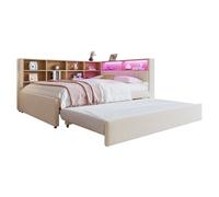 Lit de repos rembourré, canapé-lit avec lit gigogne 90x190, lit simple avec éclairage LED, prises et rangements, canapé-lit multifonction, cadre de lit, flanelle,LightGray-140 * 200cm