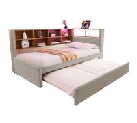 Lit de repos rembourré, canapé-lit avec lit gigogne 90x190, lit simple avec éclairage LED, prises et rangements, canapé-lit multifonction, cadre de lit, flanelle,Beige-140 * 200cm
