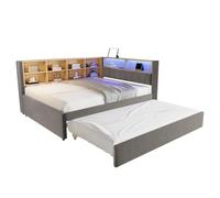 Lit de repos rembourré, canapé-lit avec lit gigogne 90x190, lit simple avec éclairage LED, prises et rangements, canapé-lit multifonction, cadre de lit, flanelle,DarkGray-140 * 200cm