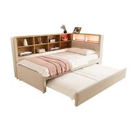 Lit de repos rembourré, canapé-lit avec lit gigogne 90x190, lit simple avec éclairage LED, prises et rangements, canapé-lit multifonction, cadre de lit, flanelle,Beige-90 * 200cm
