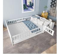 Lit de sol 140 x 190 cm, Lit en bois, lit enfant, pin, coffre de rangement ouvert, étagères, porte barrière, sans matelas, blanc