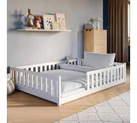 Lit de sol, 140 x 200 cm, avec protection anti-chute et sommier à lattes, montessori en bois de pin massif, pour enfant et adolescent, lit simple, blanc