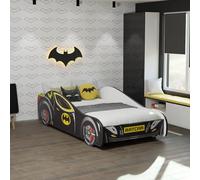 Lit de voiture 70x140 cm Lit d'enfant Lit d'adolescent avec protection contre les chutes | Lit de jeu pour enfants Batman Batmobile Bat Car Lit de voiture en noir en option avec matelas