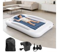 Lit de voyage gonflable pour enfant, avec pompe électrique, matelas et oreiller inclus lit d’air portable avec rebords de sécurité sur 3 côtés, porte-gobelet et sac de rangement, idéal pour le camping