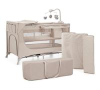 Kinderkraft Joy 2 ACC Lit Parapluie 2 en 1, Lit bébé de la Naissance Jusqu’à 15 kg, 120 x 60 cm, Facile à Plier, Carrousel avec Jouets, Étagères pour Les Couches, Sac de Transport Inclus, Beige