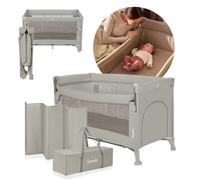 LIONELO ELLEN 3 en 1 Lit de Voyage de 0 à 3 ans, Cododo Pour Nouveau-nés et Enfants Plus Âgés jusqu'à 15 kg, 2 Hauteurs de Matelas, Sangles d'attache, Verrouillage Latéral, 2 Roues, Sac (Beige)