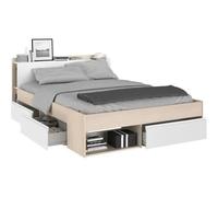 Lit DEBAR avec rangements et tiroirs - modulable 140*190cm ou 140*200 cm - Acacia et blanc