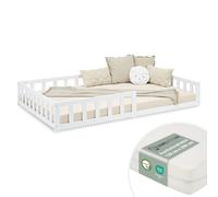 Homestyle4u Lit Montessori 3026 – 120x200 cm, bois blanc, protection anti-chute, matelas+sommier