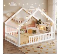 Lit d'enfant 140 × 190 cm, avec bandeau lumineux LED et rangements ouverts, lit double moderne et épuré, lit au sol, blanc
