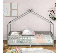 Lit d'enfant 200x90cm,Bois Massif avec barrière et sommier à Lattes,avec Protection Contre Les Chutes pour Chambre d'enfant et d'adolescent,Blanc (Light Grey)