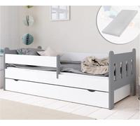 Lit d'enfant 80x160 | 80x180 | 90x200 cm avec Matelas, tiroir, Protection Contre Les Chutes & sommier à Lattes en Blanc-Gris 160 x 80 Fille garçon Lit