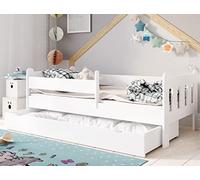 Lit d'enfant 80x160 | 80x180 | 90x200 cm avec tiroir, Protection Contre Les Chutes & sommier à Lattes en Blanc 200 x 90 Filles garçons Lit