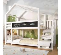 Lit d'enfant 90 x 200 cm, cadre de lit cabane dans les arbres avec cheminée et protection contre les chutes, lit surélevé pour enfants y compris tableau 2x sommier à lattes, blanc (sans matelas)