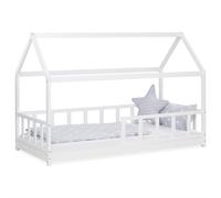 Homestyle4u Lit enfant cabane 90x200 cm blanc – Montessori, sommier et barrière de sécurité